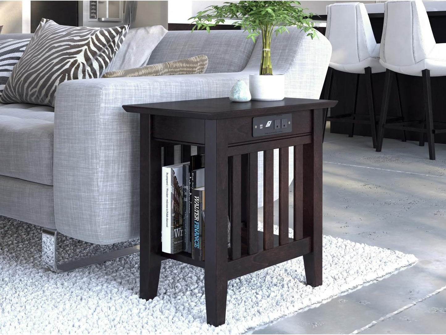 AFI, Mission Chair Side Table with Charging Station, Espresso
