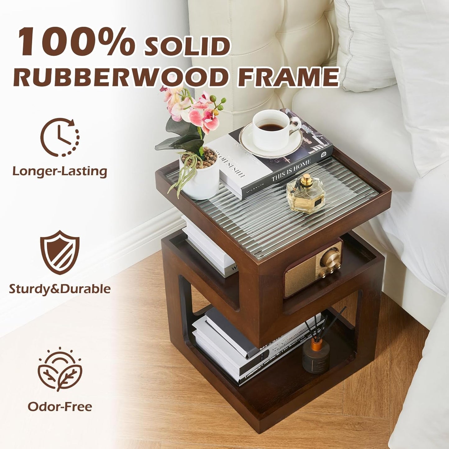 CozyDH 3-Tier End Table No Assembly Required, Modern Side Table 3-Tier Wood Nightstand for Small Spaces with Open Storage, Walnut Bedside Table for Bedroom