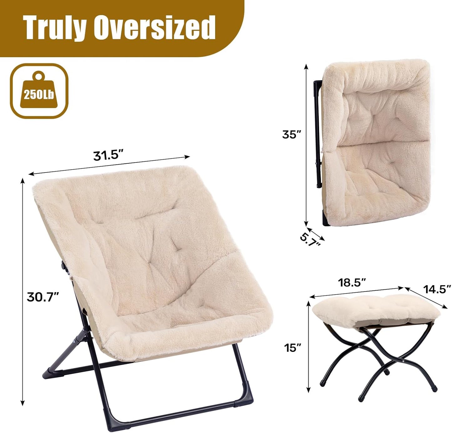 HollyHOME X-Large Saucer Chair with Foldable Ottoman, Comfy Oversized Folding Chair and Folding Footrest Stool Set, Faux-Fur Reading Chair and Footstool for Living Room, Light Khaki Chair&Stool