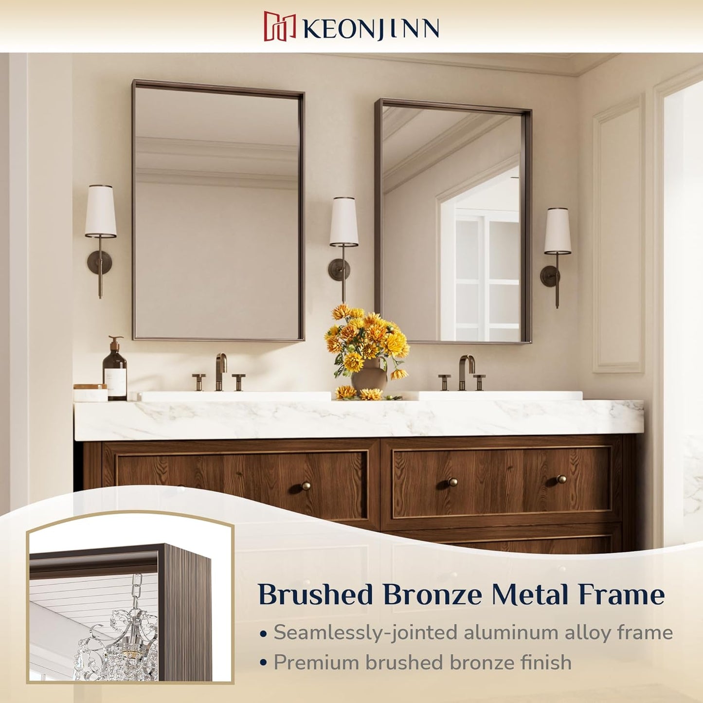 Keonjinn 24 x 36 in Brushed Bronze Bathroom Mirror, Rectangular Metal Frame Farmhouse Wall Mirror, Modern Rectangle Mirrors with Aluminum Alloy Framed for Over Sink(Horizontal/Vertical)