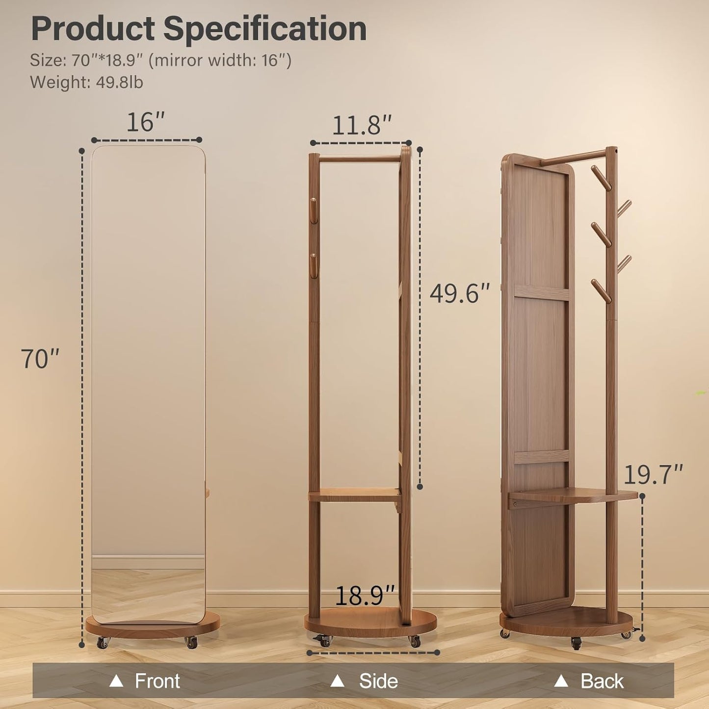 70"x16"Full Length Mirror with Stand,Coat Rack with Mirror,Solid Wood Floor Mirror,Swivel Mirrorfor Bedroom, Living Room, Cloakroom