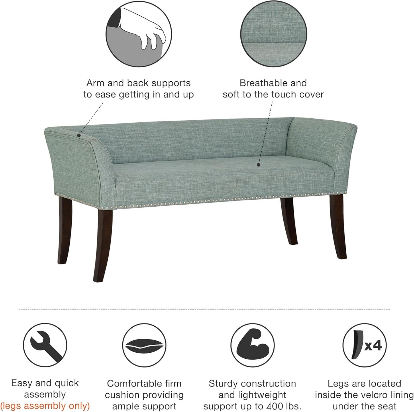 Madison Park Accent Bench for Living Room, Upholstered with Nailhead Trim, & Padded Seat Entryway Bench Small, End of Bed Bench with Back, 49.5" W x 19.25" D x 23" H, Light Blue