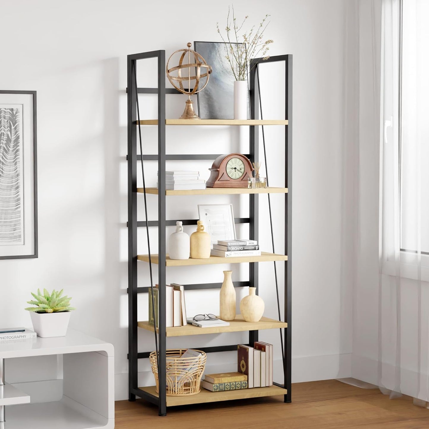 5 Tier Wood Book Shelf Organizer, No Assembly Bookshelf for Bedroom Living Room Office, Rustic Foldable Book Case, Tall Bookshelves, Open Book Shelves, Decorative Folding Shelf Display, Tall Bookcase