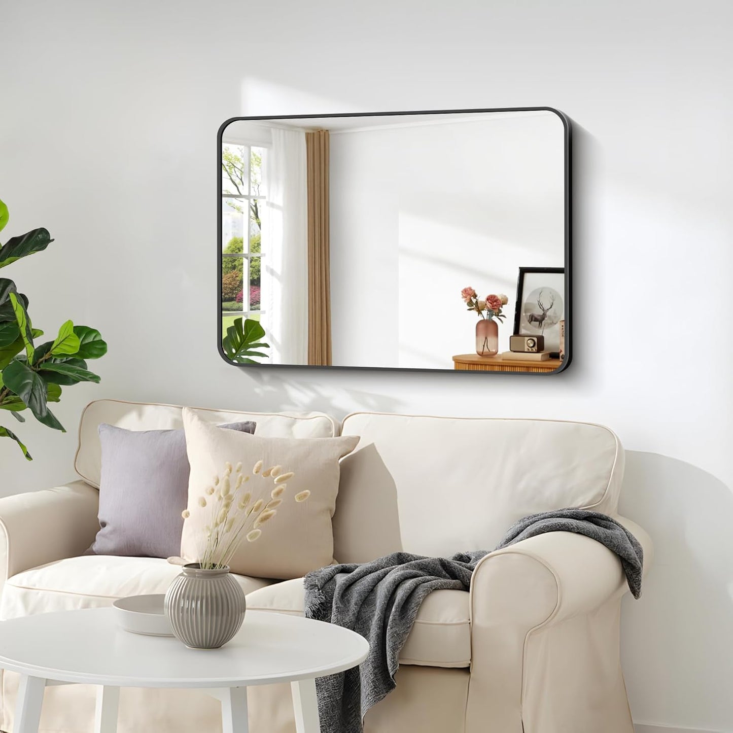 Bathroom Mirror, 18 x 24 inch Metal Framed Black Rectangle Mirror, Rounded Corner Rectangular Vanity Mirror, Wall Mounted Mirror for Modern Bedroom Living Room Hangs Horizontal or Vertical