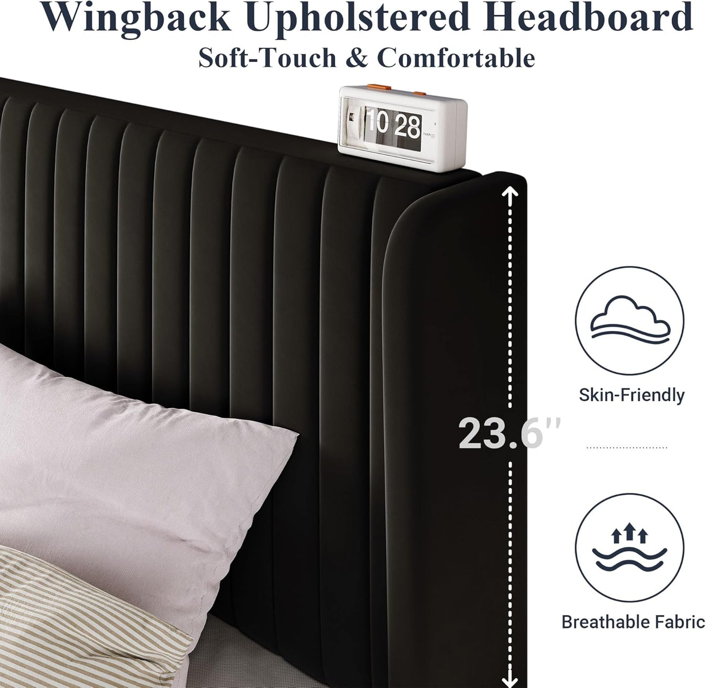 Allewie King Size Velvet Bed Frame/Vertical Channel Tufted Wingback Headboard/Upholstered Platform Bed/Strong Wooden Slats/No Box Spring Needed/Easy Assembly/Black