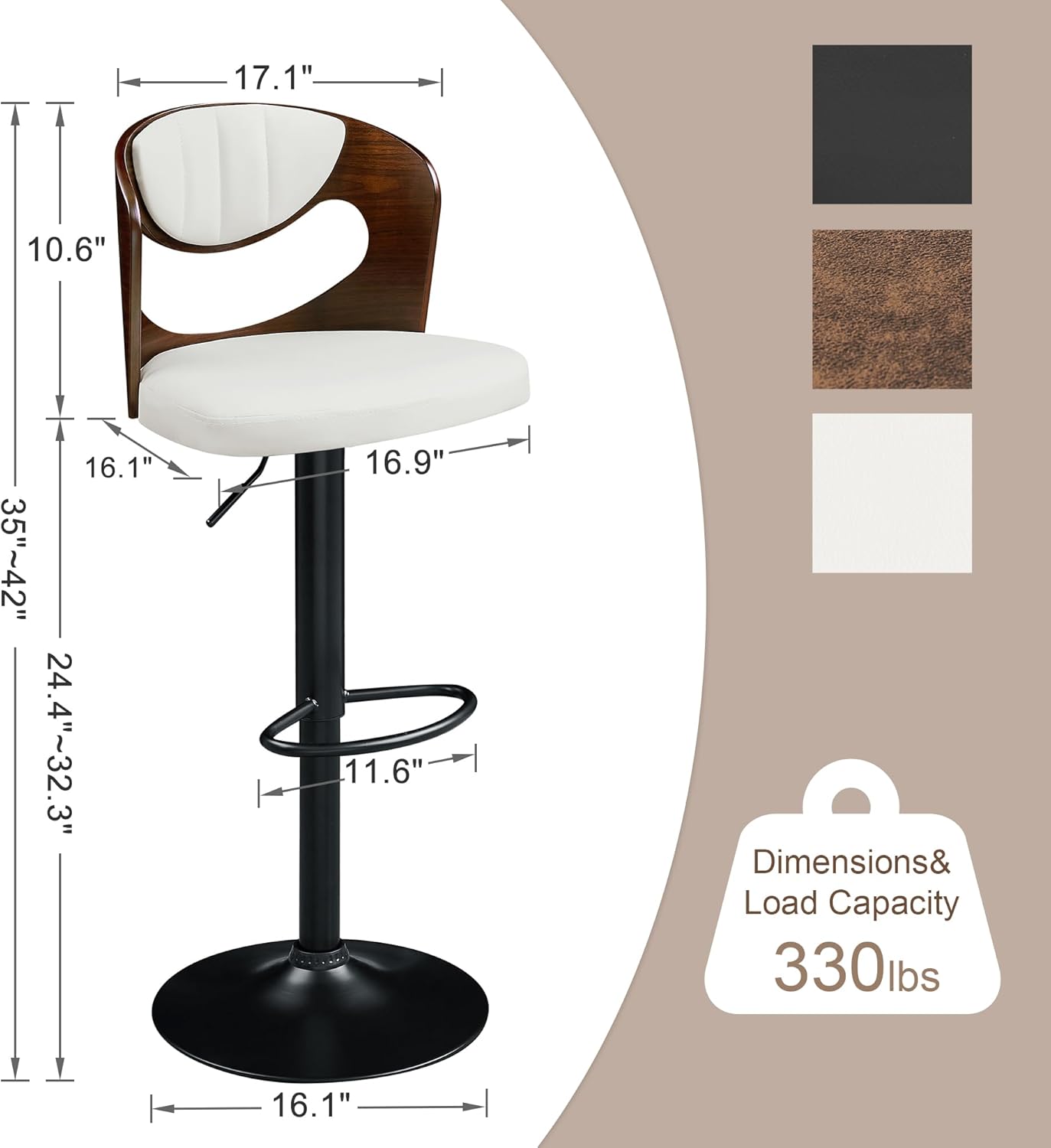 VECELO Bar Stools Set of 2,Kitchen Island Stools with Bentwood Back,Arm&Footrest,Counter Height Stools PU Leather Adjustable Height,Swivel Bar Chairs for Club Pub Dining Room, Ivory White