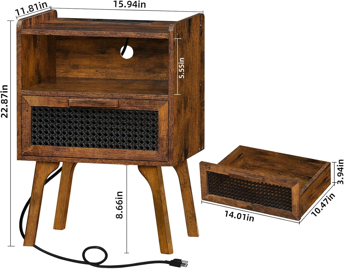 Lerliuo Rattan Nightstands Set of 2 with Charging Station, Boho Side Table with Drawer Open Shelf, Cane Accent Bedside End Table with Solid Wood Legs for Bedroom, Dorm and Small Spaces (Brown)