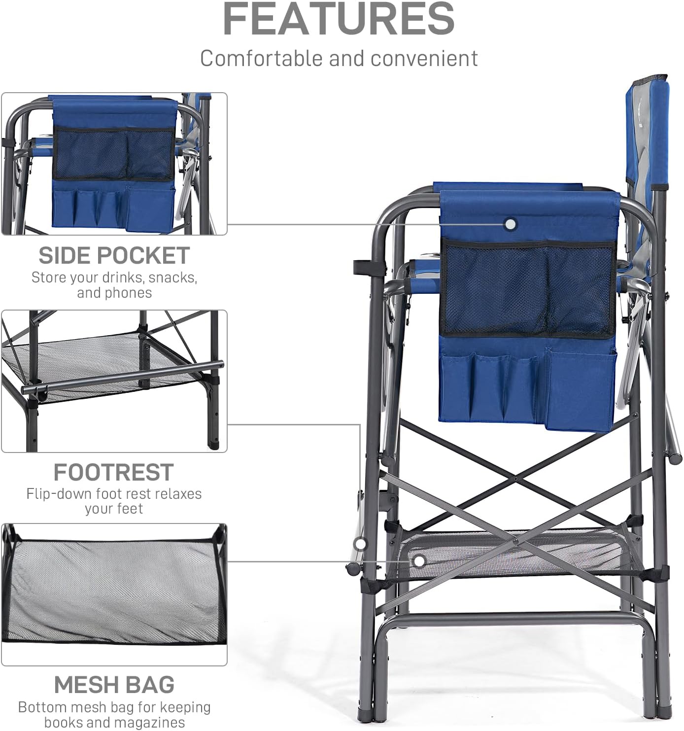 EVER ADVANCED 2 Piece Tall Folding Chair 30.7" Seat Height Directors Chair High Foldable Bar Stool for Makeup Artist Face Painting with Side Table Cup Holder Supports 350LBS