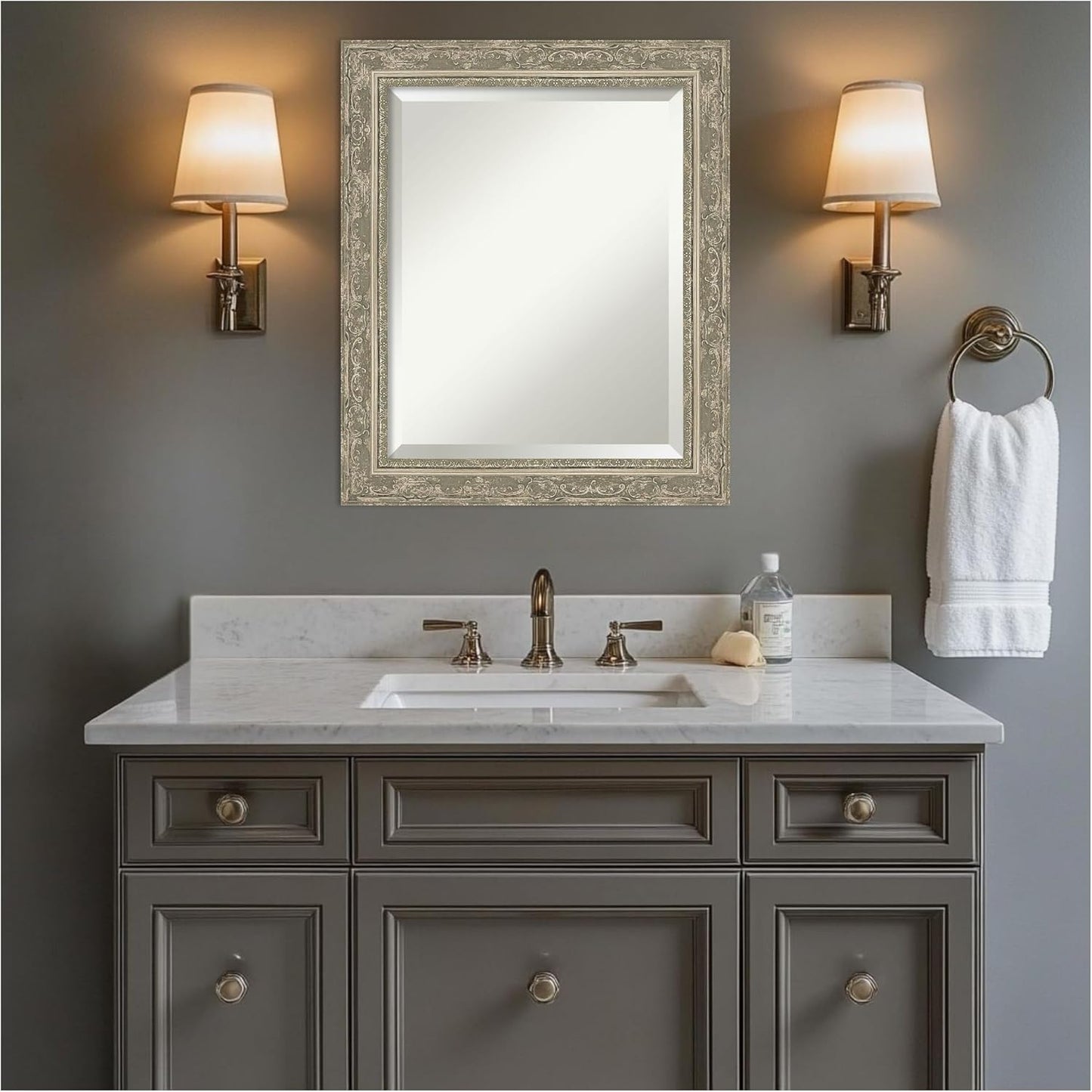 Amanti Art Bathroom Mirror for Over Sink, 25x21 Filigree Silver Rectangle Vanity Mirror, Small Traditional Frame, Hangs Horizonally and Vertically, Bathroom Wall Decor, Beveled Edge