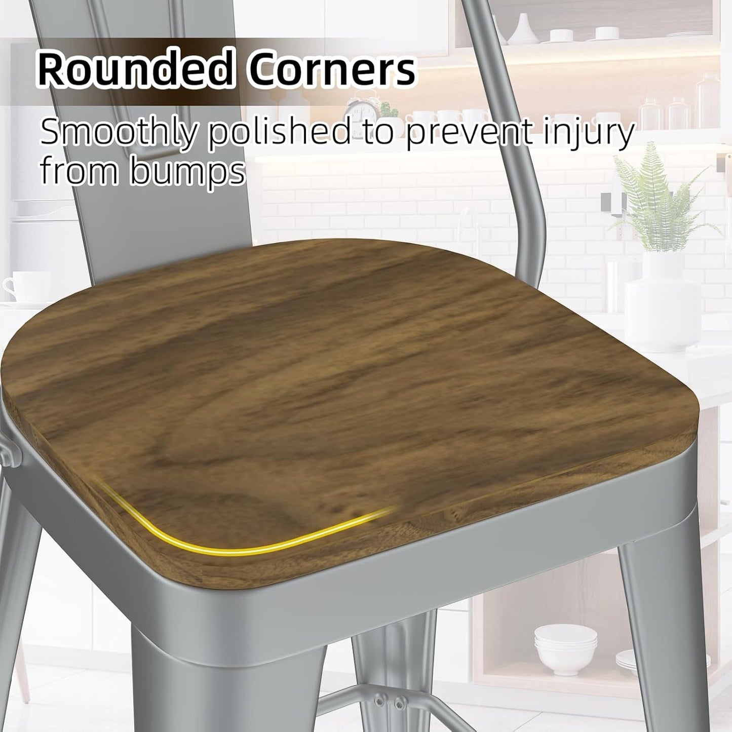 Metal Bar Stools Set of 4, High Back Bar Stools with Wooden Seat, 26 inch Silver Barstools for Kitchen Island