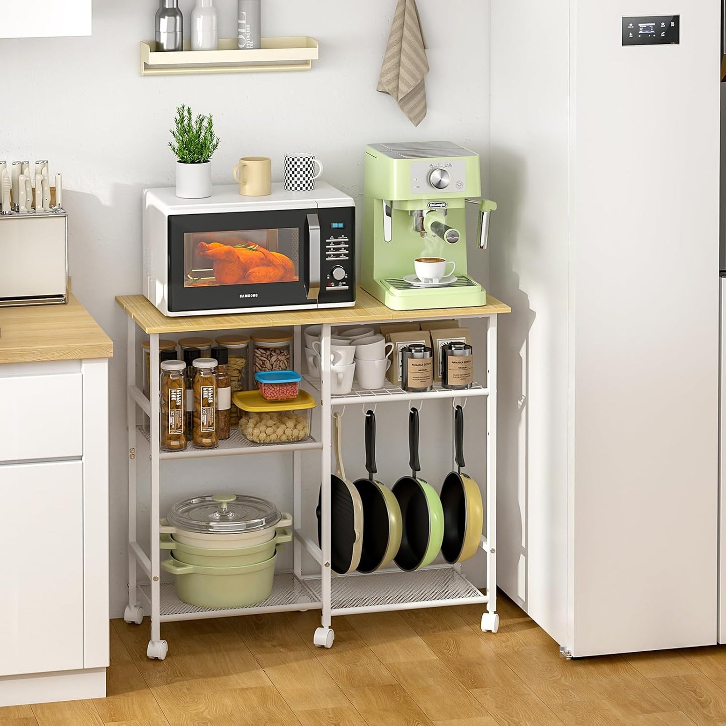 Kitchen Microwave Cart, Microwave Stand with Adjustable Shelf, Coffee Bar Stand Kitchen Baker's Rack with Wheels Rolling Storage Cart Organizer Shelf for Living Room, Office, Balcony