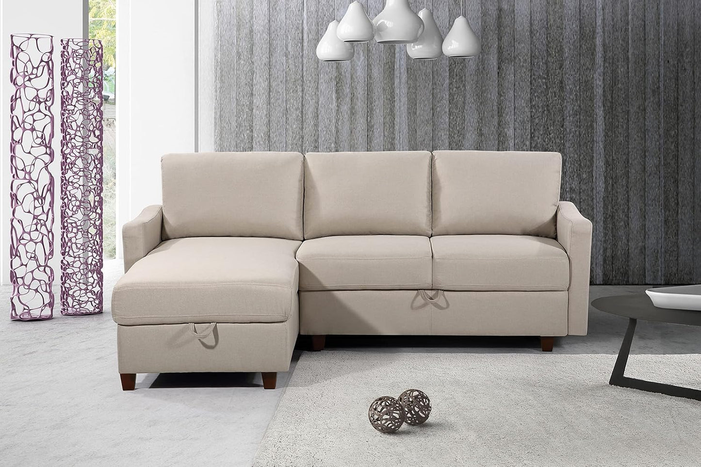 Container Furniture Direct Sectional Sofa with Storage – Modern Upholstered Living Room Couch, Reversible Chaise for Home, Apartment, Office, 81.9” L, Beige