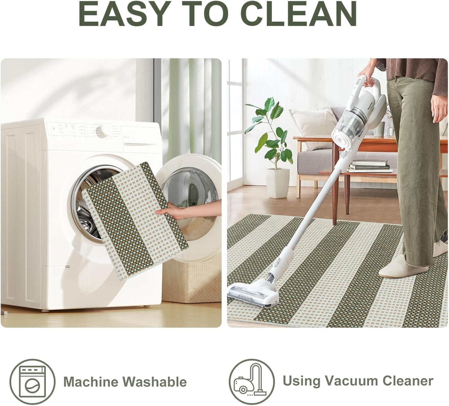 OJIA Outdoor Patio Rug 5'x7', Striped Rug Machine Washable Large Area Rugs Cotton Woven Thin Indoor Outdoor Rugs for Bedroom/Living Room/Front Porch/Deck/Backyard/Camping (Green/White/Tan)