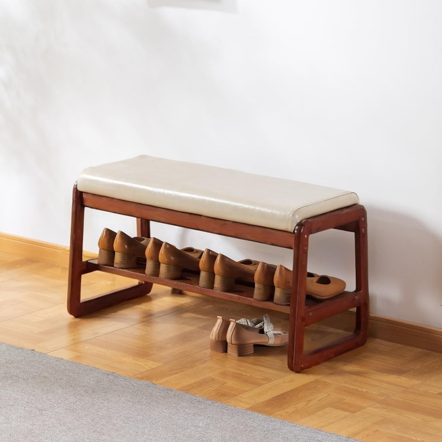 Solid Wood Shoe Bench, 2-Tier Wooden Entryway Bench, Modern Shoe Rack with Faux Leather Cushion for Hallway, Living Room (Gray, 31.5'')