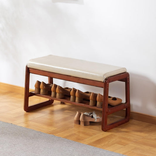 Solid Wood Shoe Bench, 2-Tier Wooden Entryway Bench, Modern Shoe Rack with Faux Leather Cushion for Hallway, Living Room (Gray, 31.5'')