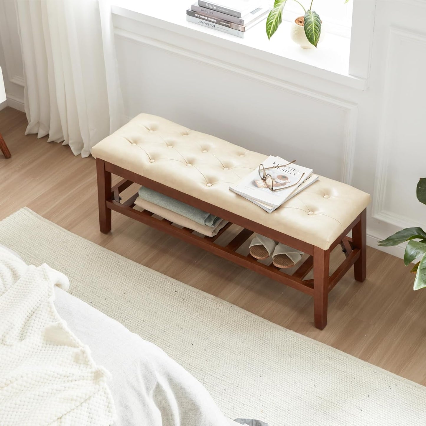 Upholstered Shoe Bench Entryway Bench for Bedroom, End of Bed, Ottoman Bench Tufted Padded Seat with Solid Wood Shelf for Living Room, Faux Leather Ivory