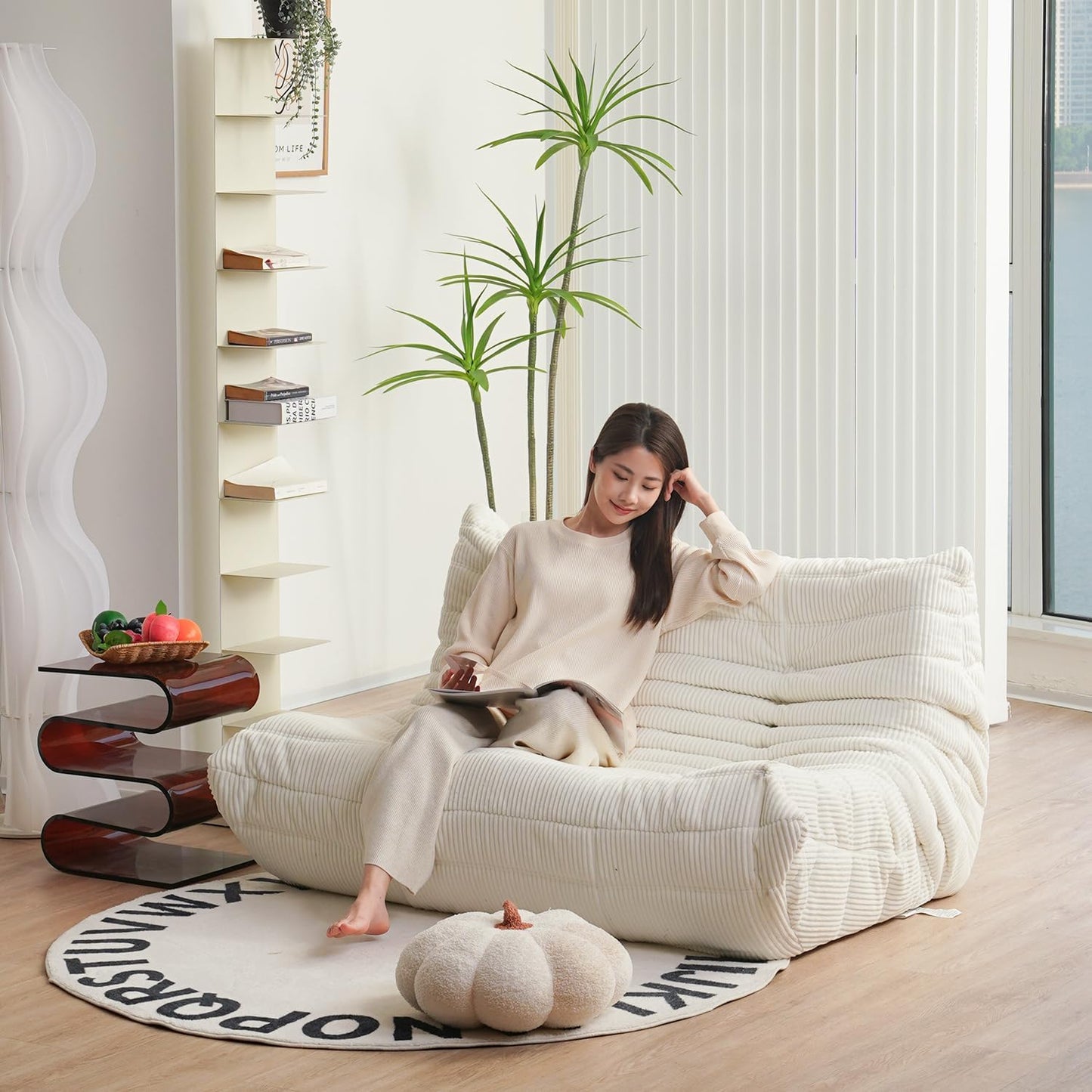 N&V Fireside Loveseat, Mid Century Armless Twin Size Floor Sofa, Soft Premium Corduroy Floor Lounge Chair, Foam Sofa Accent Chair for Living Room Bedroom and Office (Tangerine)