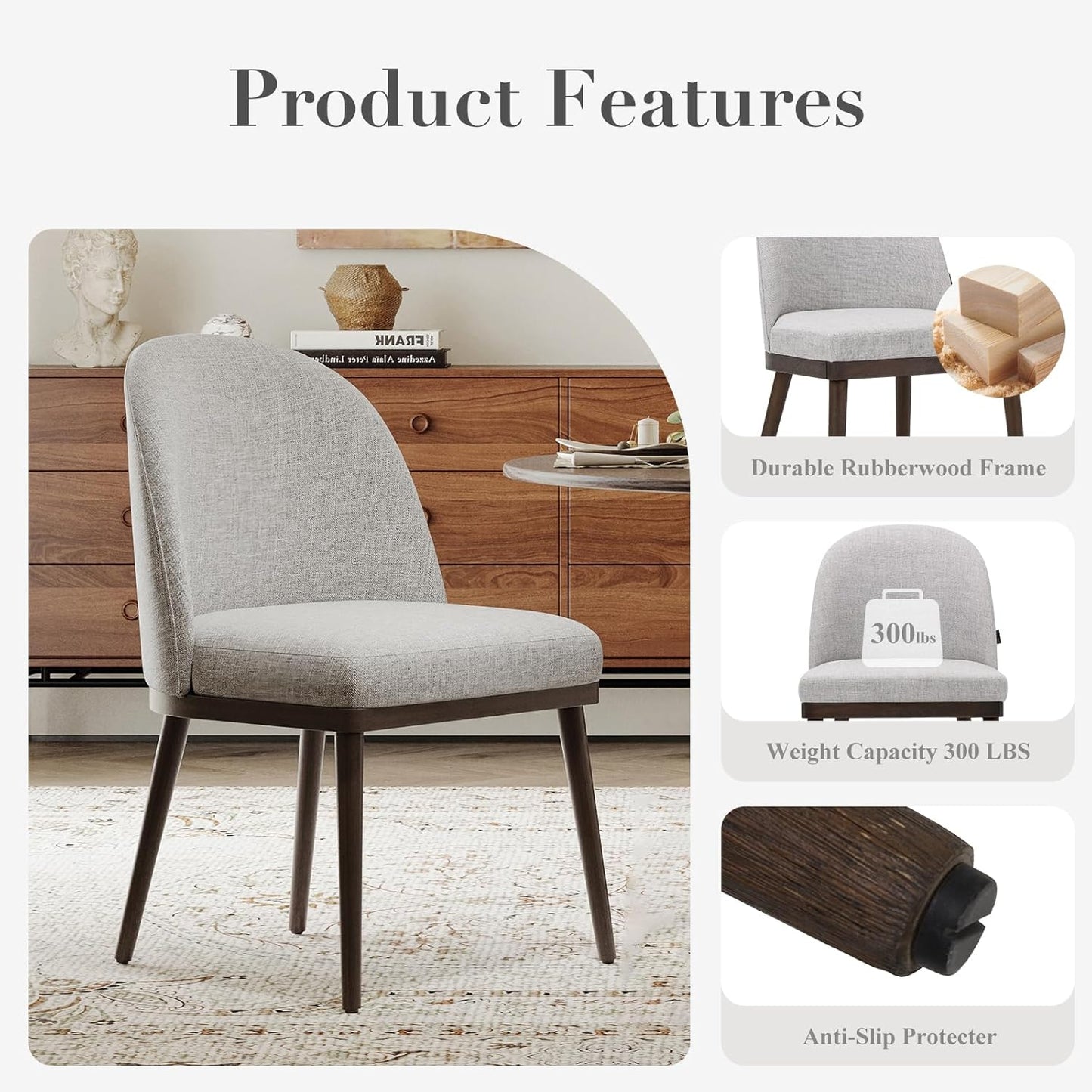 COLAMY Upholstered Dining Chairs Set of 2, Large Dining Room Kitchen Chairs with High Back and Deep Seat, Modern Fabric Dinner Chairs with Wood Legs, Light Grey