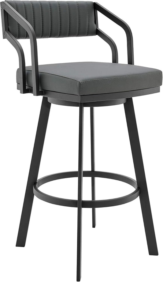 Armen Living Capri Modern 26" Seat Height Gray Faux Leather and Black Stainless Steel Metal Swivel Bar Stool for Kitchen Island Counter