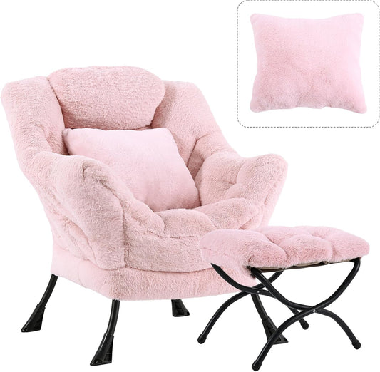 Large Lazy Chair with Ottoman, Accent Reading Chair with a Throw Pillow, Cozy Lounge Chair with Armrest, Leisure Sofa Chair for Living Room, Bedroom, Dorm, Plush Pink