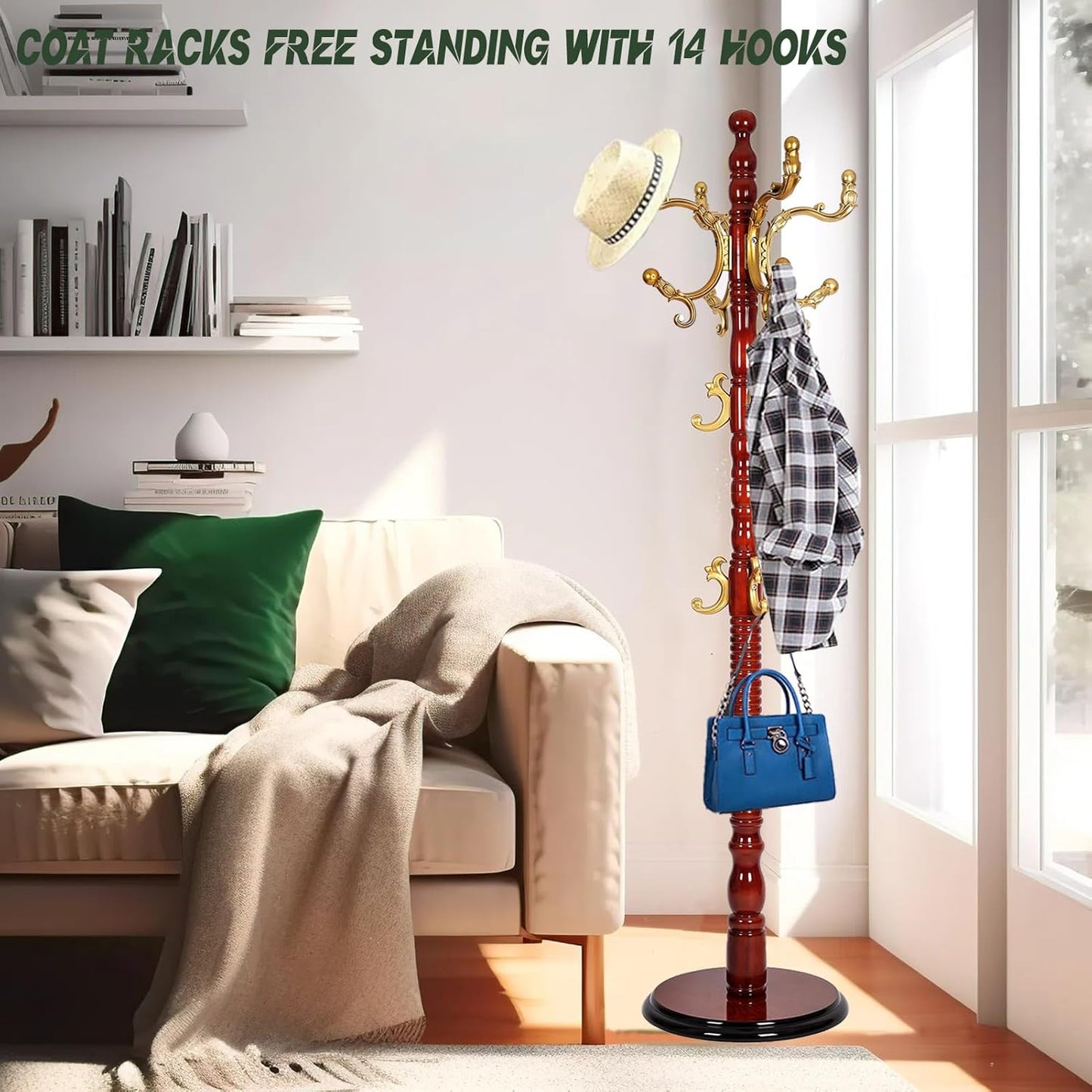 73" Wooden Coat Rack Stand,Coat Racks Freestanding With 14 Hooks And Solid Round Base Heavy Duty Adjustable Height Hall Tree Coat Rack for Entryway Hallway Foyer Office Bedroomf (Begonia)