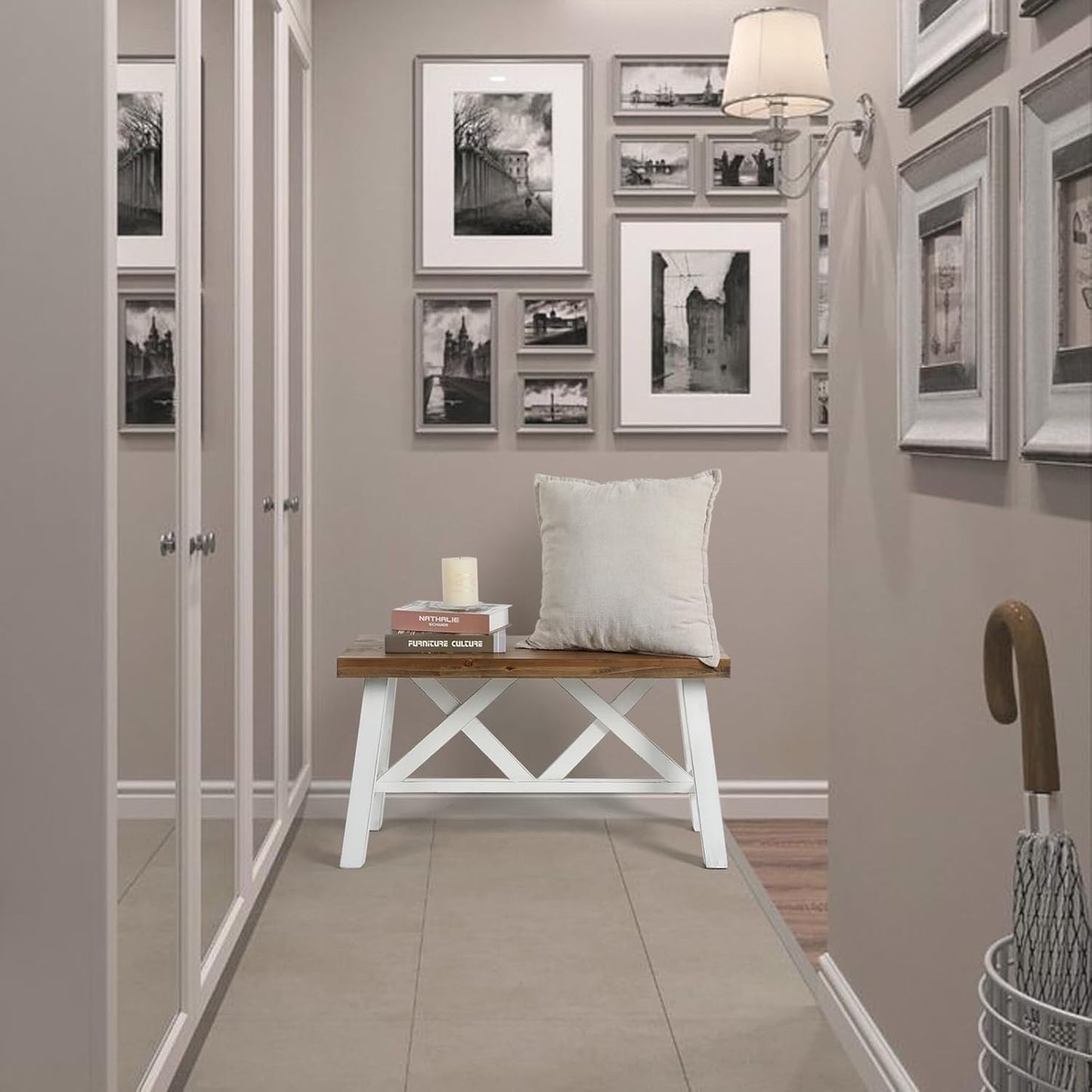 Wnutrees 30" Farmhouse Wood Bench, Rustic Solid Wood Entryway Bench Seat with Double X-Structure for Dining Room, Living Room, Hallway, Structural Stability, White