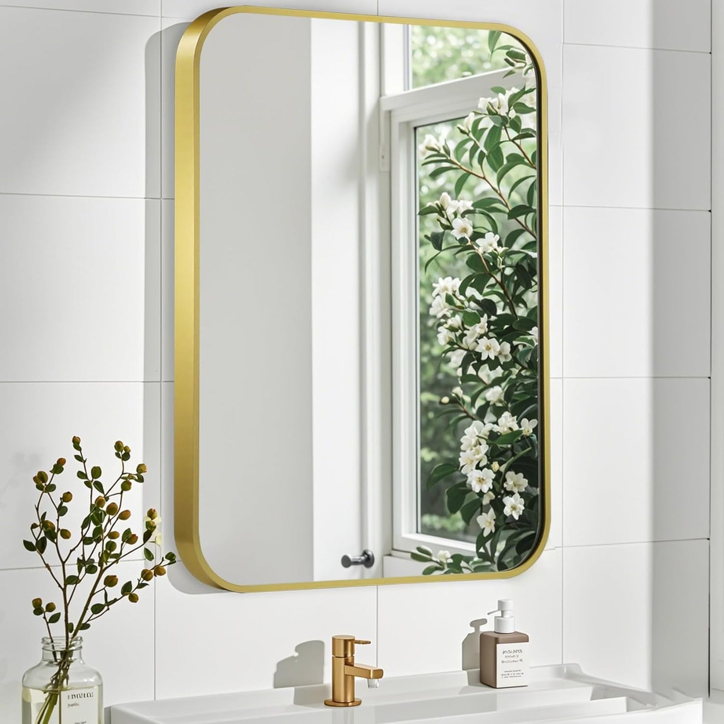 Matte Gold Mirror, 24x36 Inch Brushed Gold Mirror, Aluminum Alloy Framed Vanity Mirror, Rounded Rectangle Bathroom Mirror for Over Sink, Anti-Rust Wall Mirror (Horizontally or Vertically)