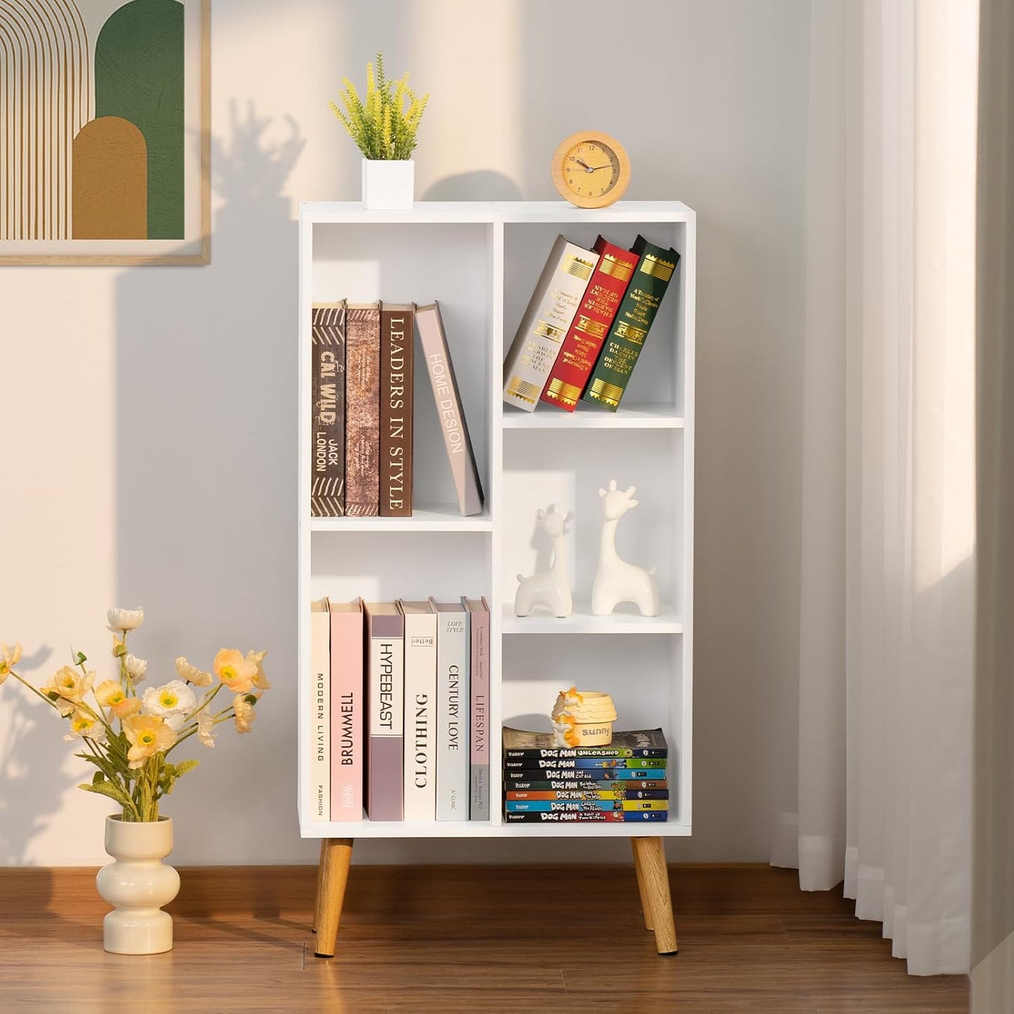 YAHARBO Small White Bookshelf,3 Tier Modern Kids Bookcase with Legs,5 Cube Wooden Bookshelves Storage Shelf,Book Shelves Organizer,Display Bookcases Cabinet for Room Nursery Study