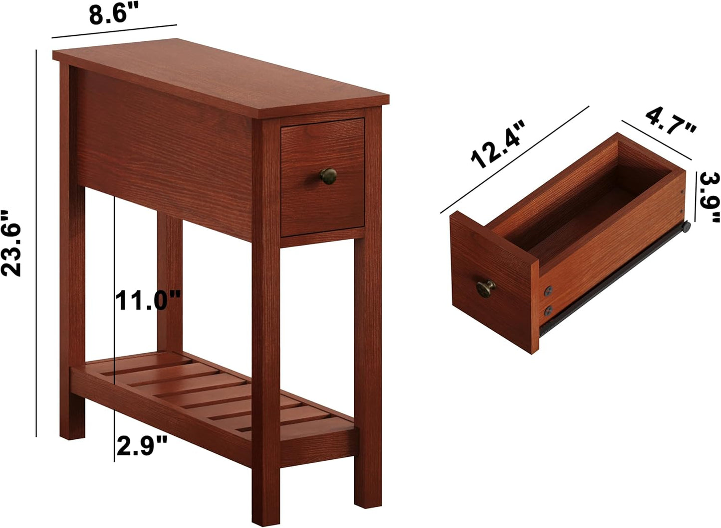 ChooChoo Narrow End Table, Small Side Table for Small Spaces, Slim End Table with Drawer, Narrow Nightstand Bedside Table for Living Room Bedroom, Cherry Brown, 2 Pack