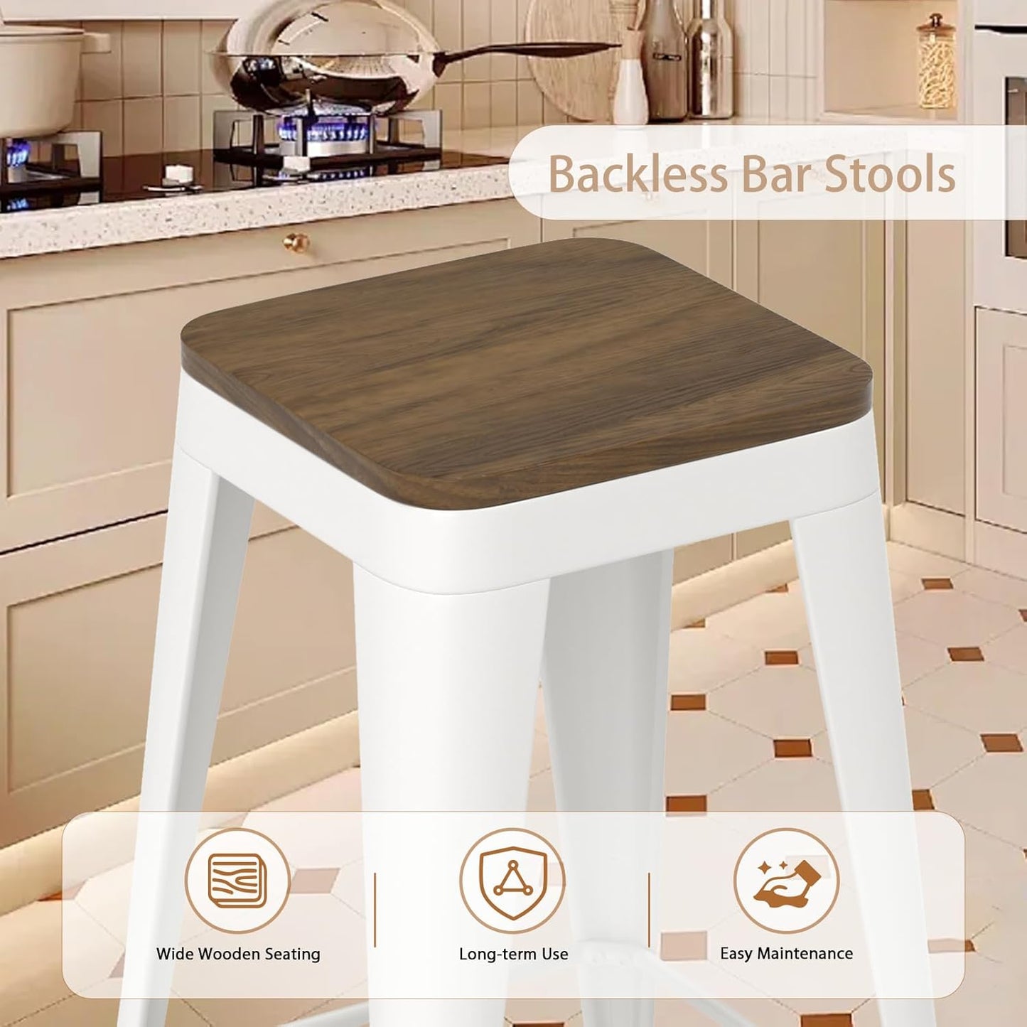 26 inch Backless Bar Stools Set of 4, Indoor Metal Bar Stools with Wood Seat, Industrial Counter Height Barstools for Kitchen Island, White