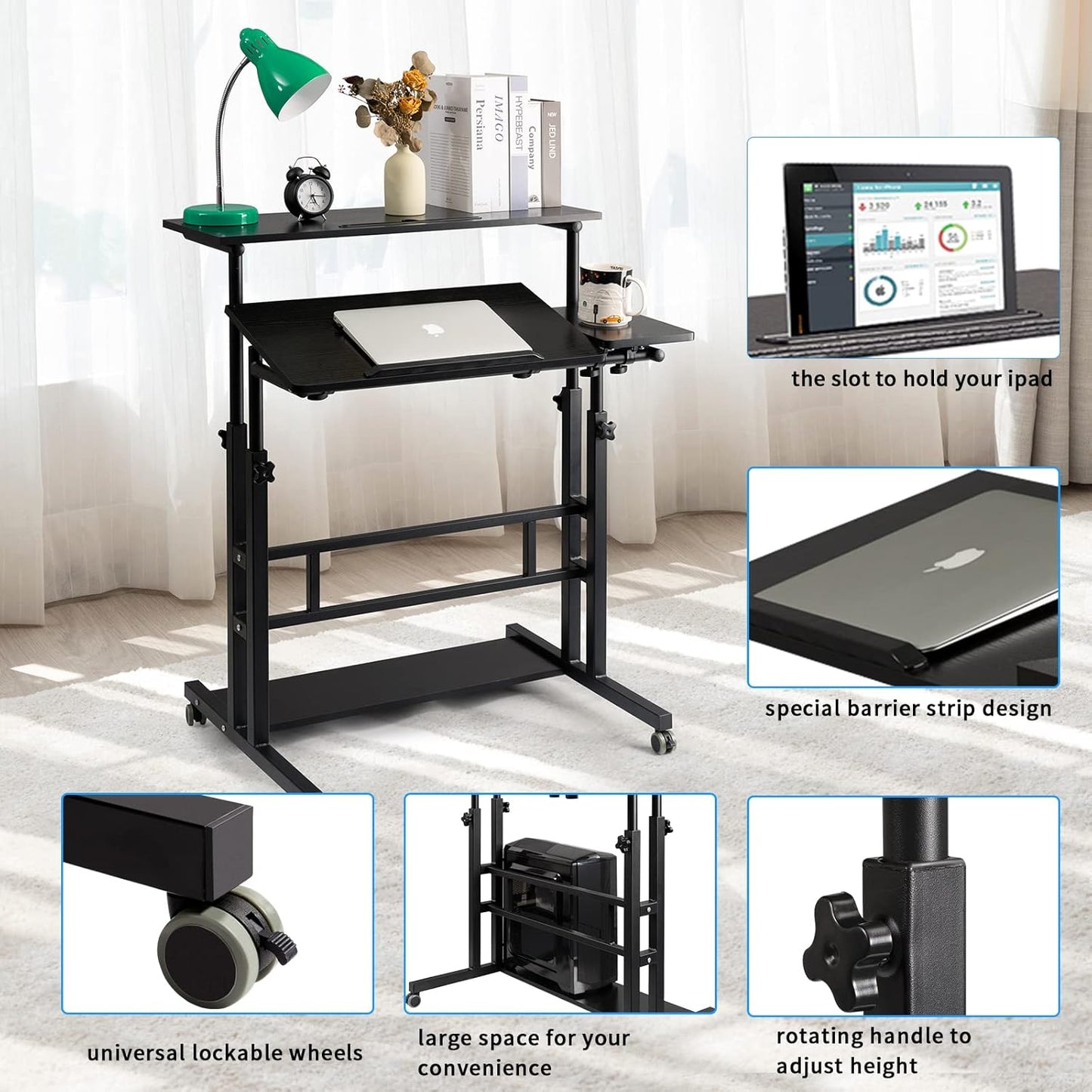 Hadulcet Mobile Standing Desk, Rolling Table Adjustable Computer Desk, Stand Up Laptop Desk Mobile Workstation for Home Office Classroom with Wheels, Black