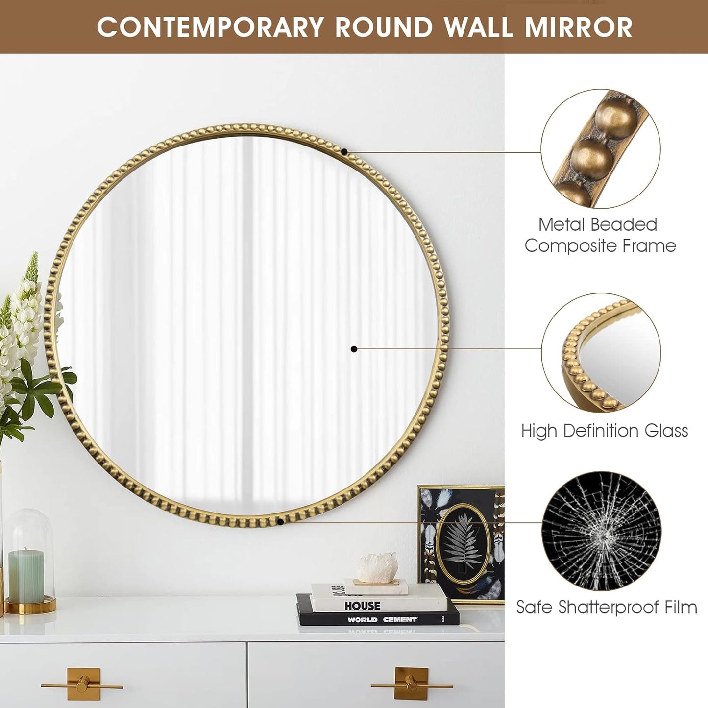 Round Bathroom Wall Mirror, 28"x28" Antique Gold Metal Beaded Frame Vanity Mirror, Wall Mounted Large Circle Makeup Mirror for Bedroom, Living Room, Entryway