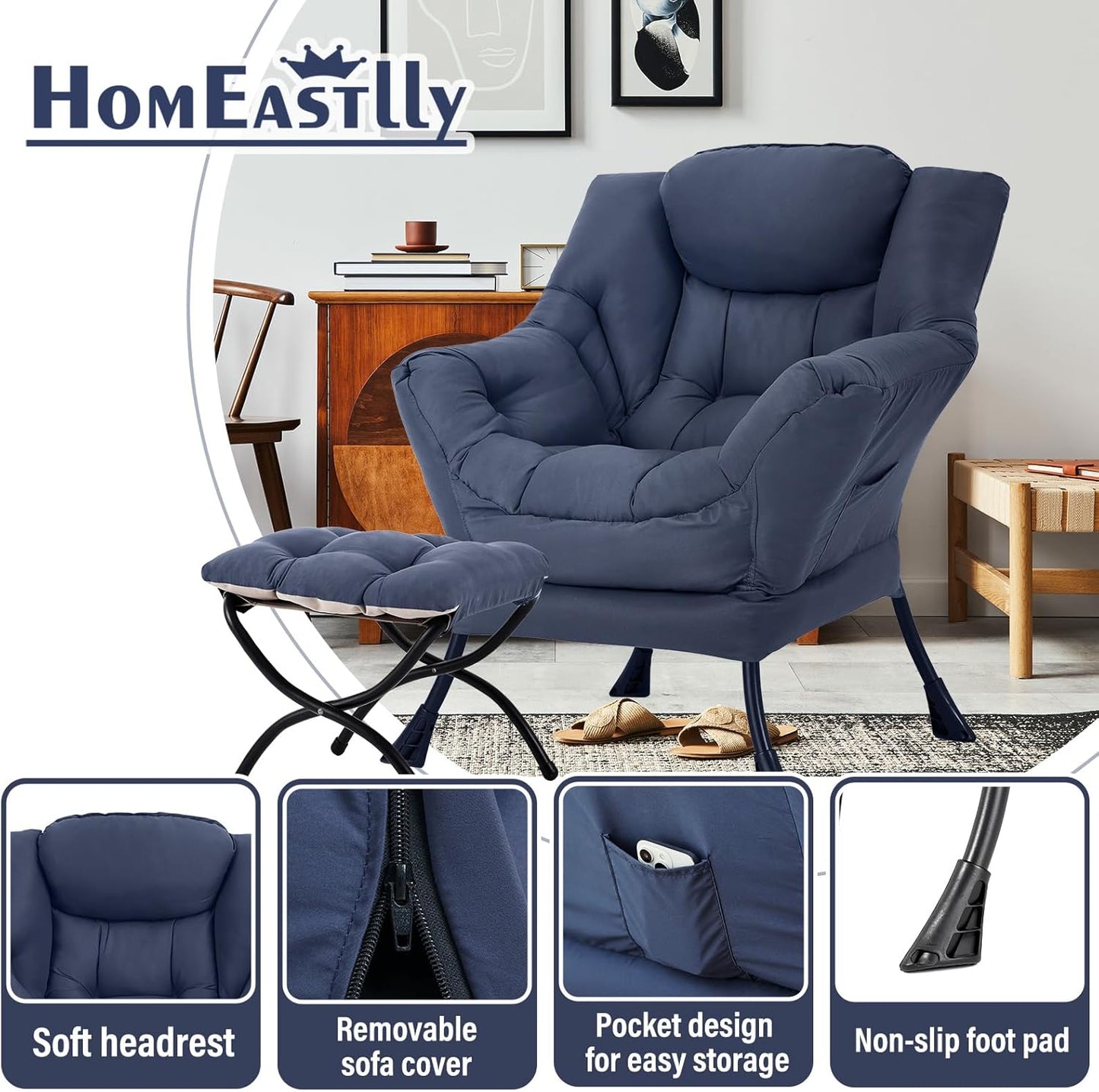 Lazy Chair with Ottoman, Large Modern Lounge Accent Chair with Armrests and Footrest, Reading Armchair with Ottoman, Leisure Sofa Chair for Living Room, Bedroom, Dorm Room, Office (Navy)