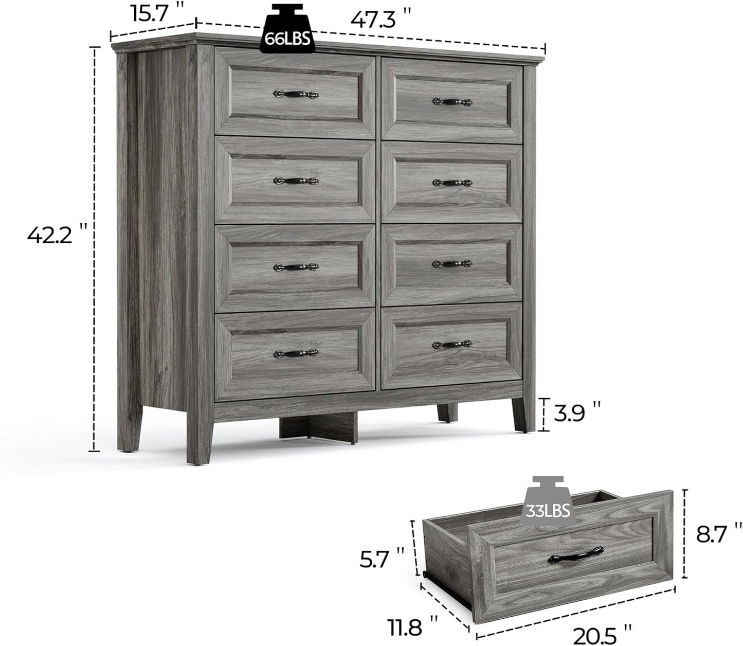 LINSY HOME 8 Drawers Dresser for Bedroom, 47" Wide Wooden Storage Chest with Antique Handles, Modern Farmhouse Dresser TV Stand with Wood Legs for Closet, Living Room, Hallway, Grey