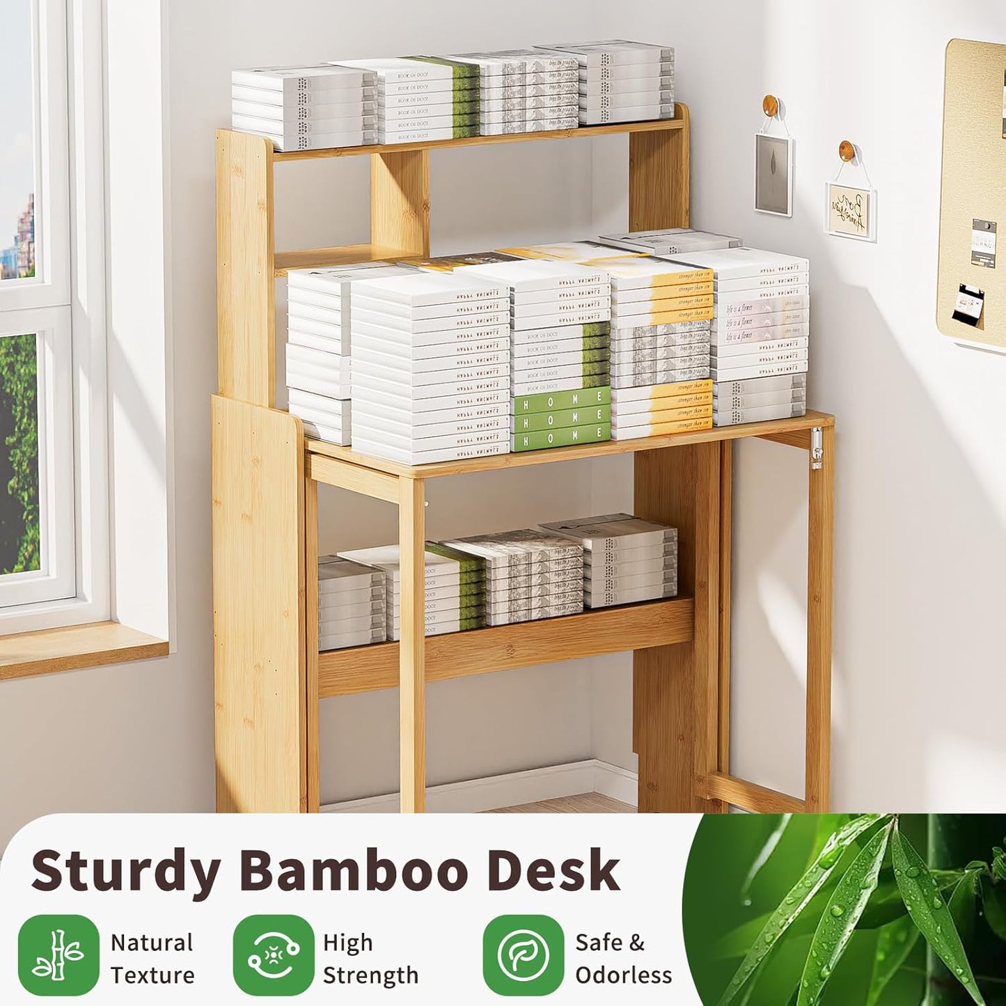 Bamboo Folding Desk with Storage Rack Mid Century Modern Desk for Home Office Bedroom Small Spaces, Natural