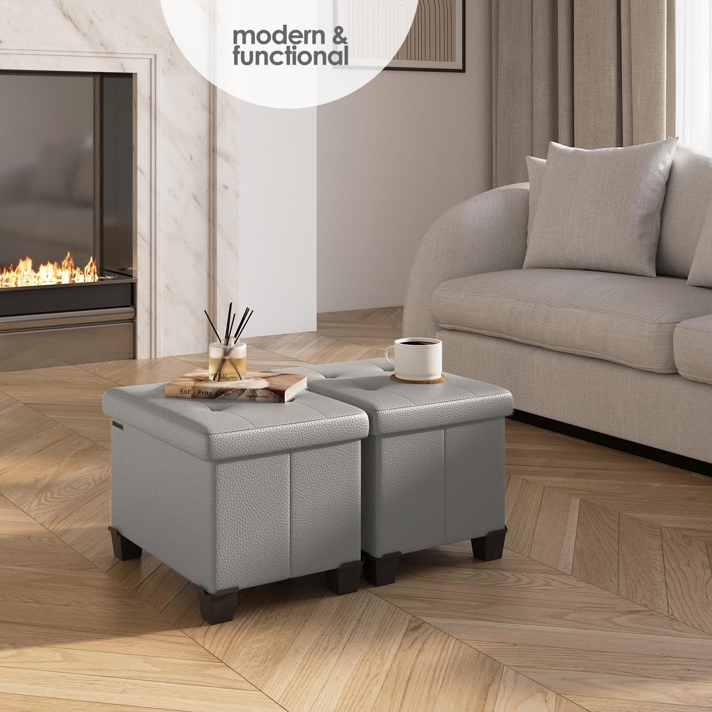 STORAGEBUD Storage Ottoman Cube with Small Bin, 16-in Square Ottoman with Storage for Living Room and Bedroom, Small Ottomans Foot Rest, Faux Leather Foot Stools Ottomans Max 330lbs, Light Grey