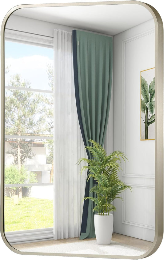 30x36 Inch Brushed Nickel Bathroom Mirror, Framed Rectangle Mirror with Rounded Corner, Brushed Mirror, Silver Bathroom Mirror for Over Sink, Vanity, Living Room, Bedroom, Horizontal/Vertical