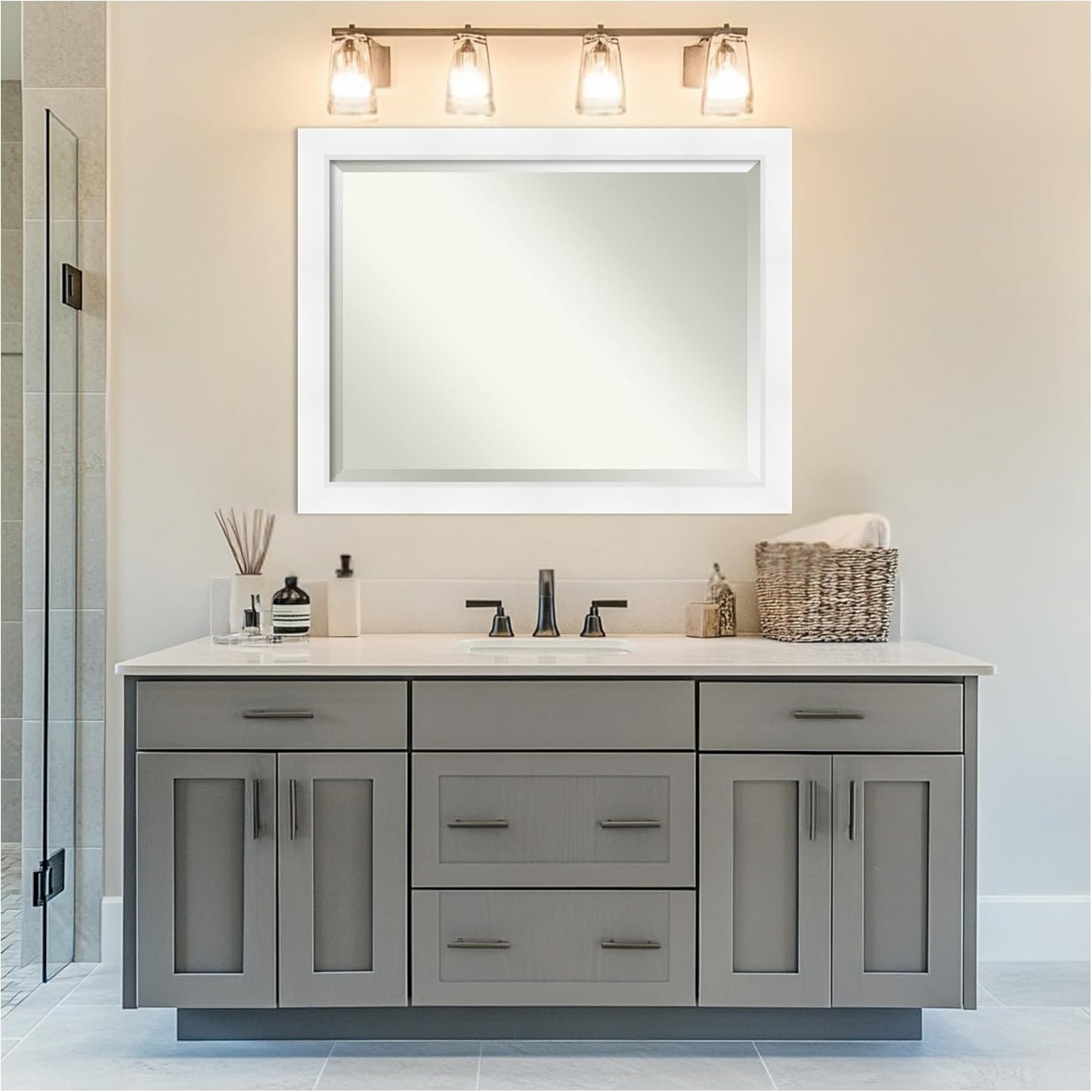 Amanti Art White Bathroom Mirror for Over Sink, 36x46 Sloped White Rectangle Vanity Mirror, X-Large Modern Contemporary Frame, Hangs Horizonally and Vertically, Bathroom Wall Decor, Beveled Edge