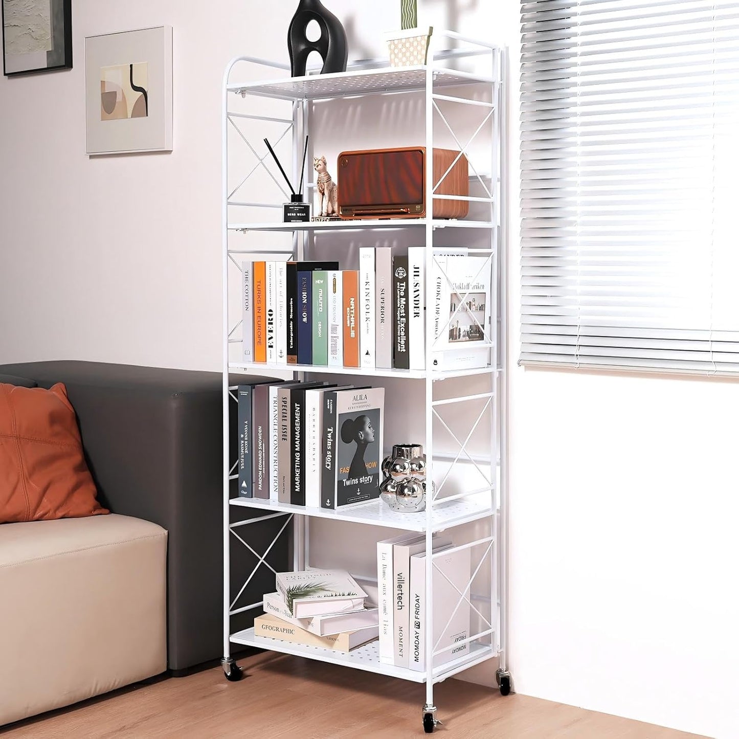 Foldable 5-Tier Metal Shelf with Wheels - Folding Bookshelf Unit for Living Room, Kitchen, Study 12.6" D x 23.6" W x 57.0" H, Glossy White