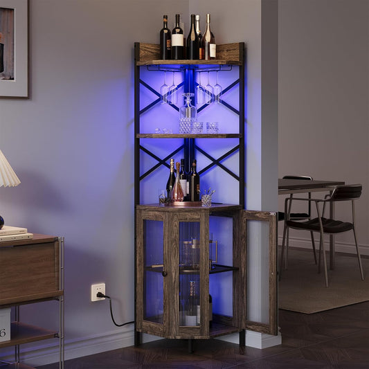 Corner Bar Cabinet with Power Outlet, 5-Tier Corner Wine Cabinet with Led Strip and Glass Holder, Industrial Tall Liquor Cabinet Bar Wine Rack for Home, Grey Oak