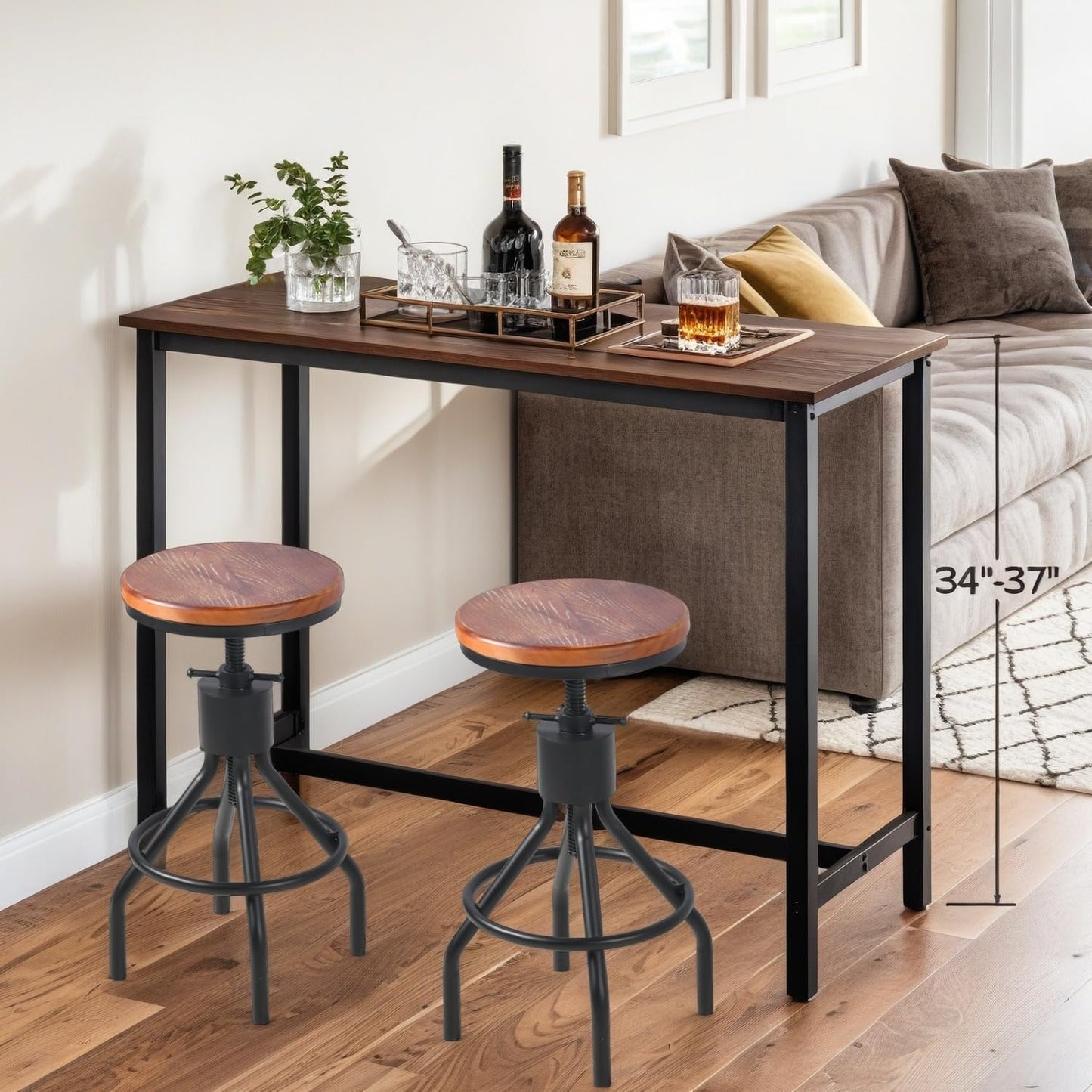 Industrial Bar Stool-Set of 2-Swivel Counter Coffee Chair-Extra Pub Height Adjustable 22-33 inch