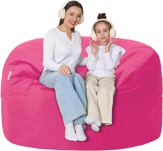 4FT Bean Bag Chair with Ultra Soft Velvet Cover Bean Bag Sofa with Memory Foam Bean Bag Chairs with Large Size Lazy Sofa for Dorm Office Living Room Bedroom Hot Pink 4'