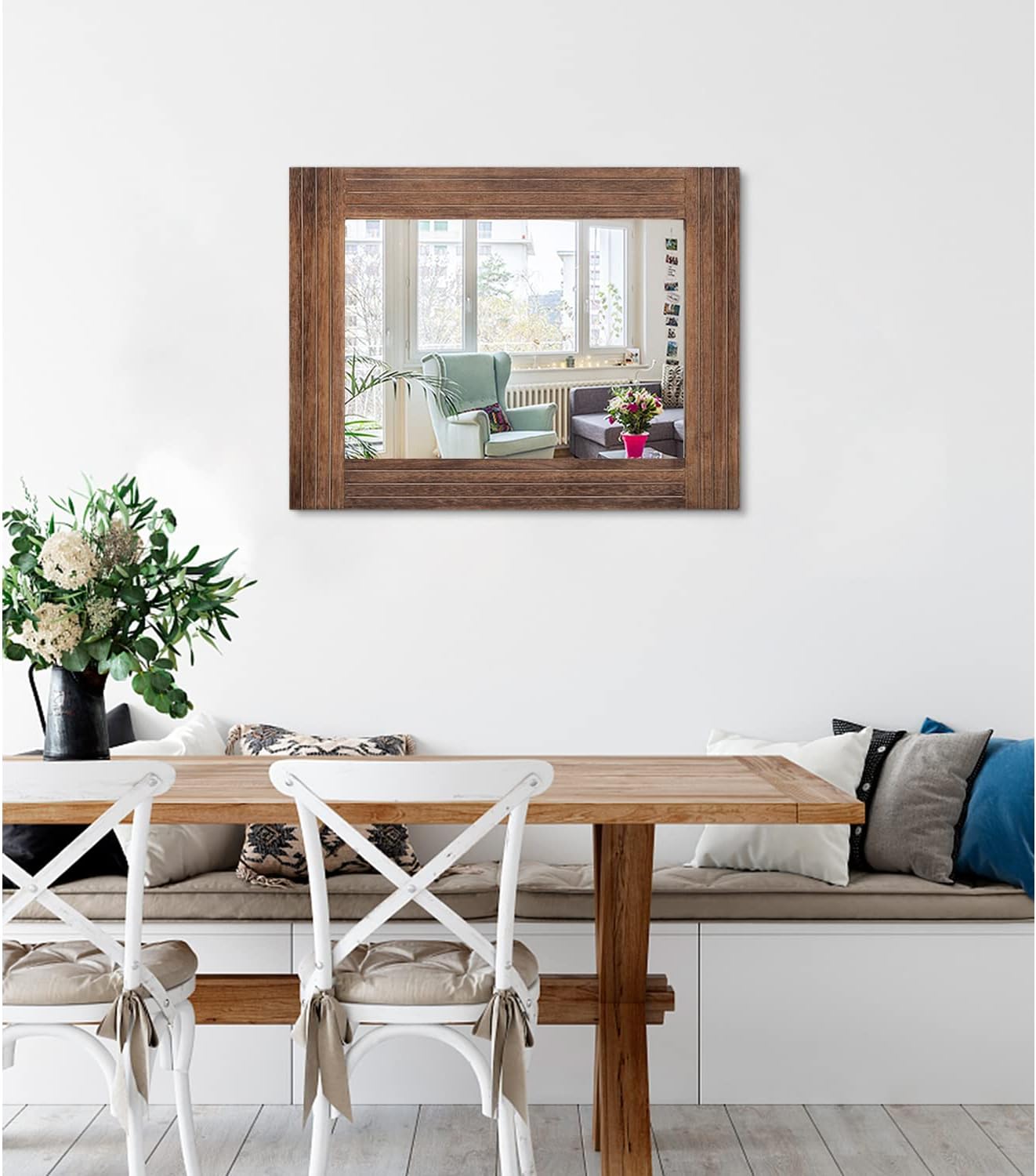 Wood Mirror Rectangular Framed Rustic Vintage Mirrors Decor Farmhouse Bedroom Bathroom Mirror for Dressing Table Entrance Large 20"x16" Brown