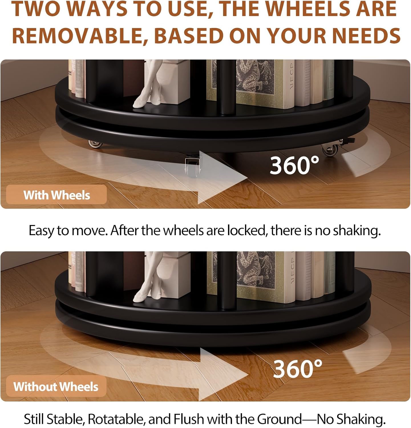 Solid Wood Rotating Bookshelf on Wheels, 5 Tier, Round Revolving Bookcase, 360° Spinning Book Shelf Tower for Kids, Narrow Rolling Bookshelves for Small Space, Corner, Bedroom, Office, Black