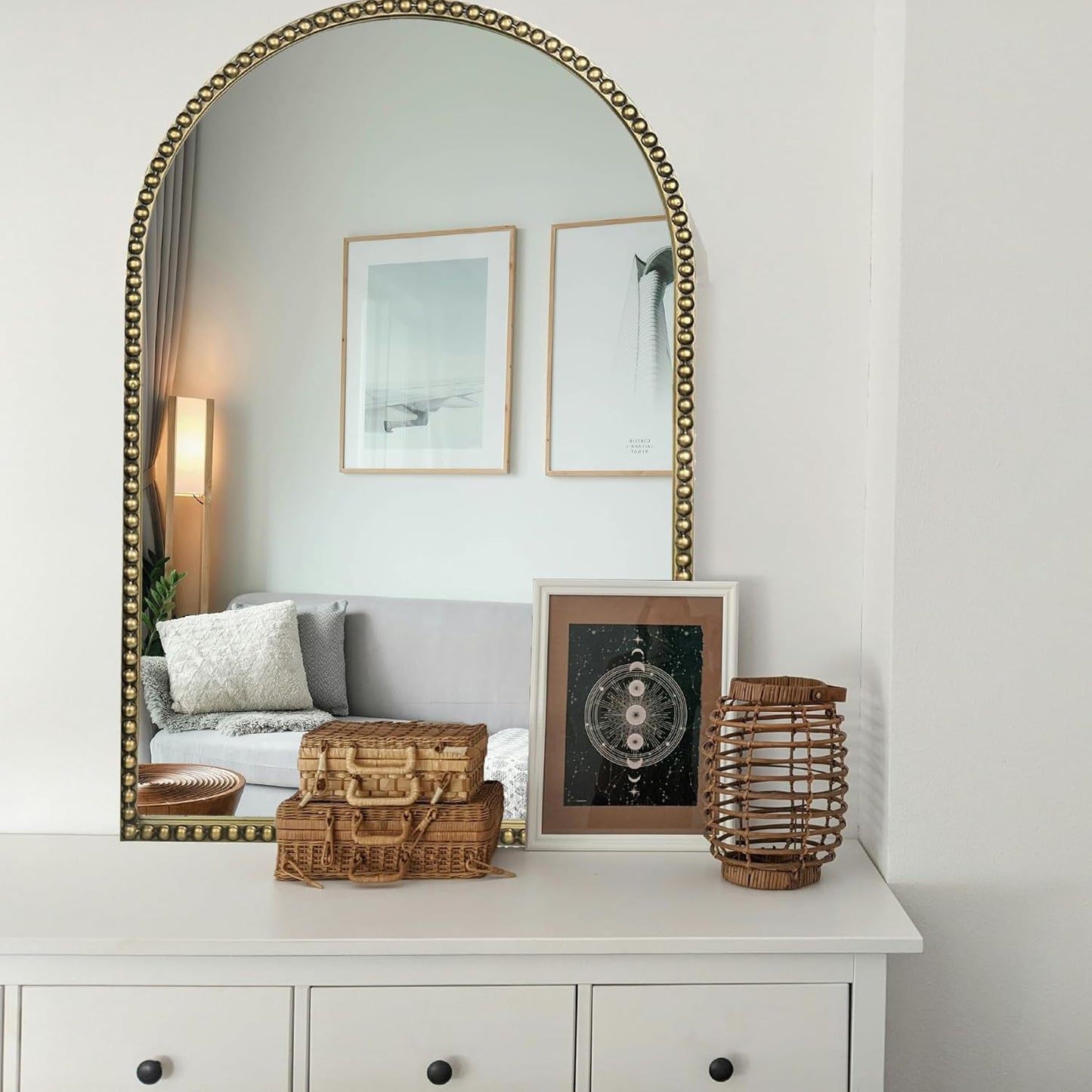 Arched Wall Mirror for Bathroom, 20"x30"-Ornate Decorative Bathroom Mirror with Beaded Metal Frame - Modern Distressed Hanging Wall Decor for Bedroom/Living Room/Entryway-Antique Gold Mirror