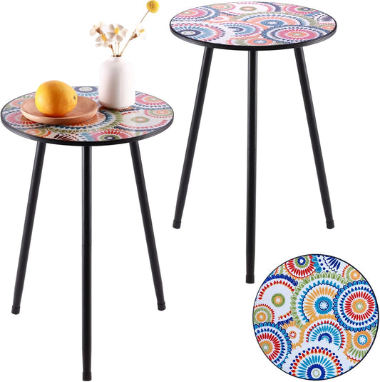 Party Zealot Metal Mosaic Round Side Table Set of Two 13.4" Small Outdoor Patio Round Accent Coffee Tables Indoor Corner Stand for Small Space Weather-Resistant for Balcony Plant Stand