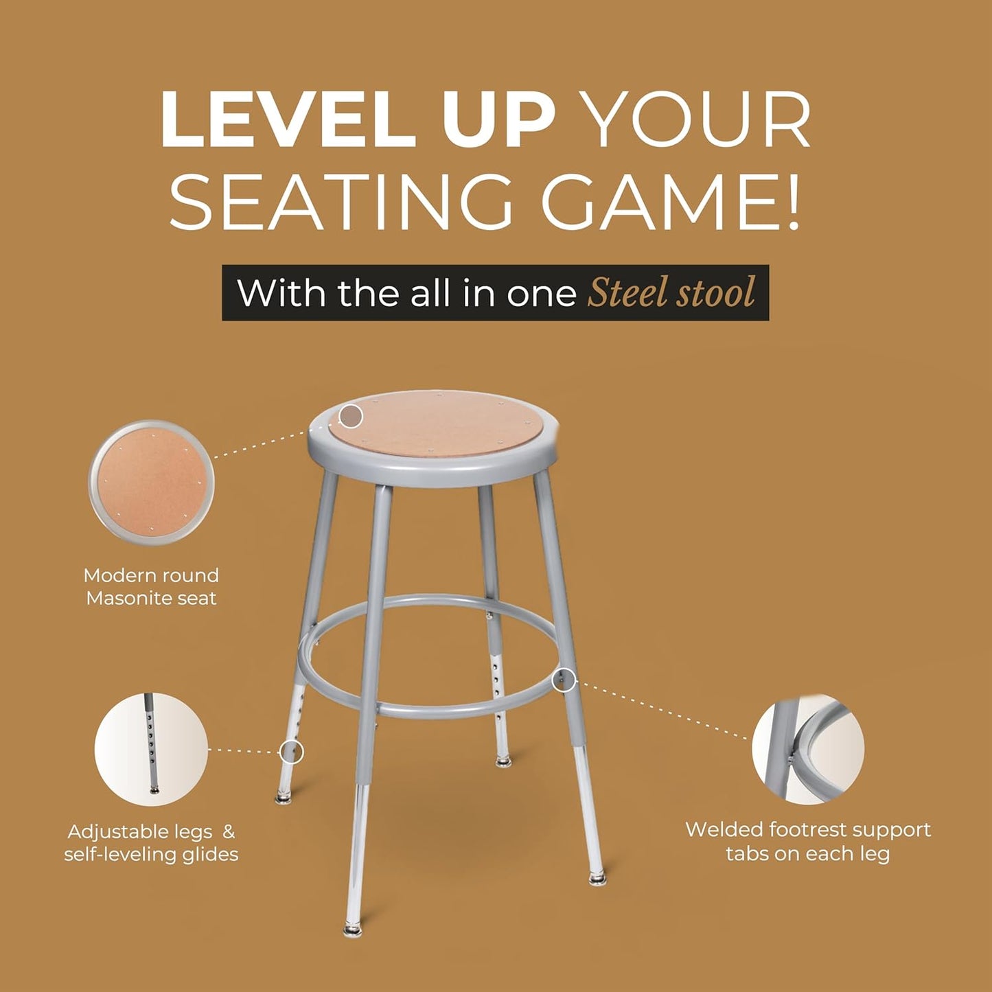 OEF Furnishings (2 Pack Height Adjustable Steel Stools, Grey, 19-27"