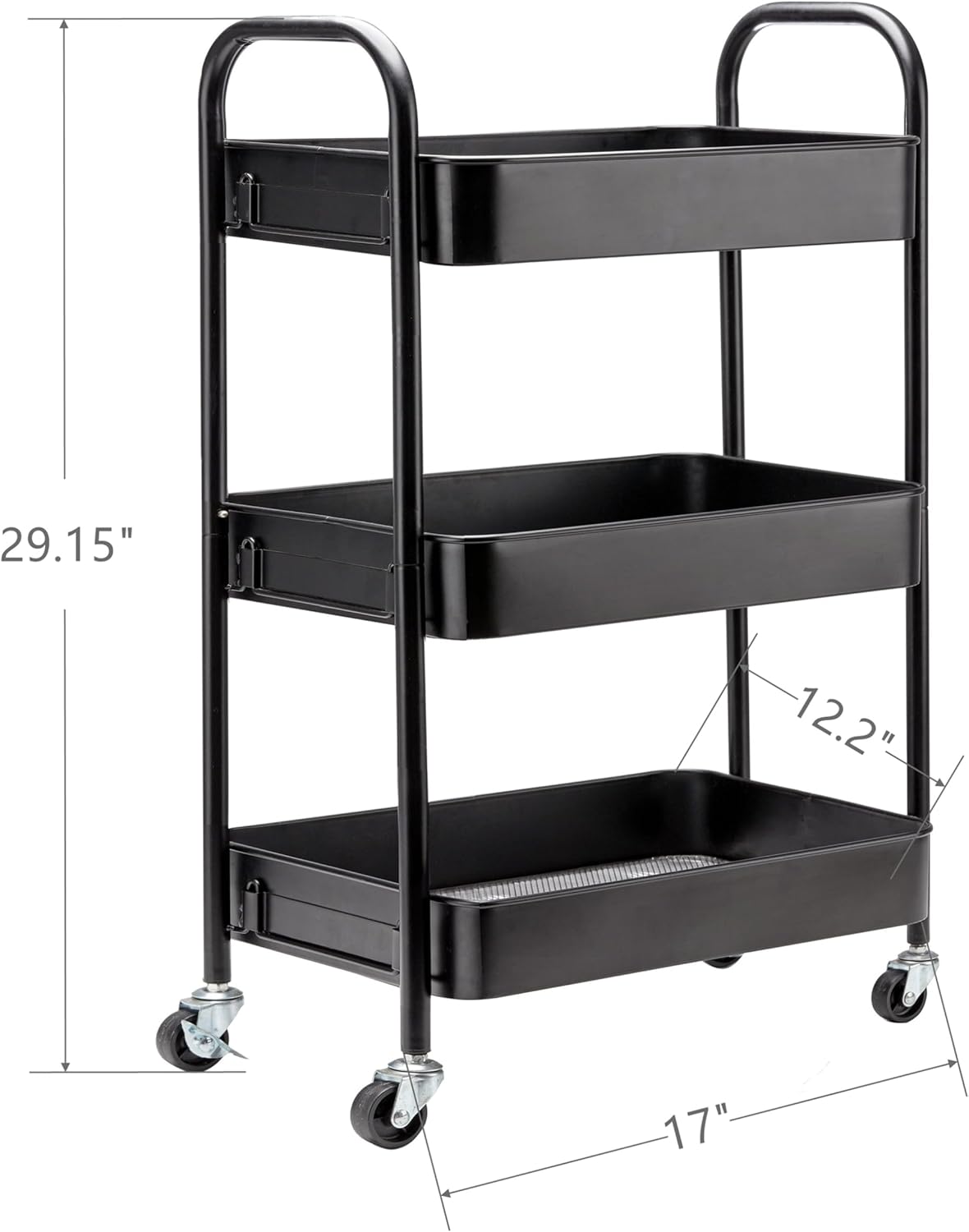 SETTFRFE 3 Tier Rolling Cart Metal,File and Art Cart with Wheels,Storage Shelf Organizer Cart for Bathroom,Office,Kitchen,Black