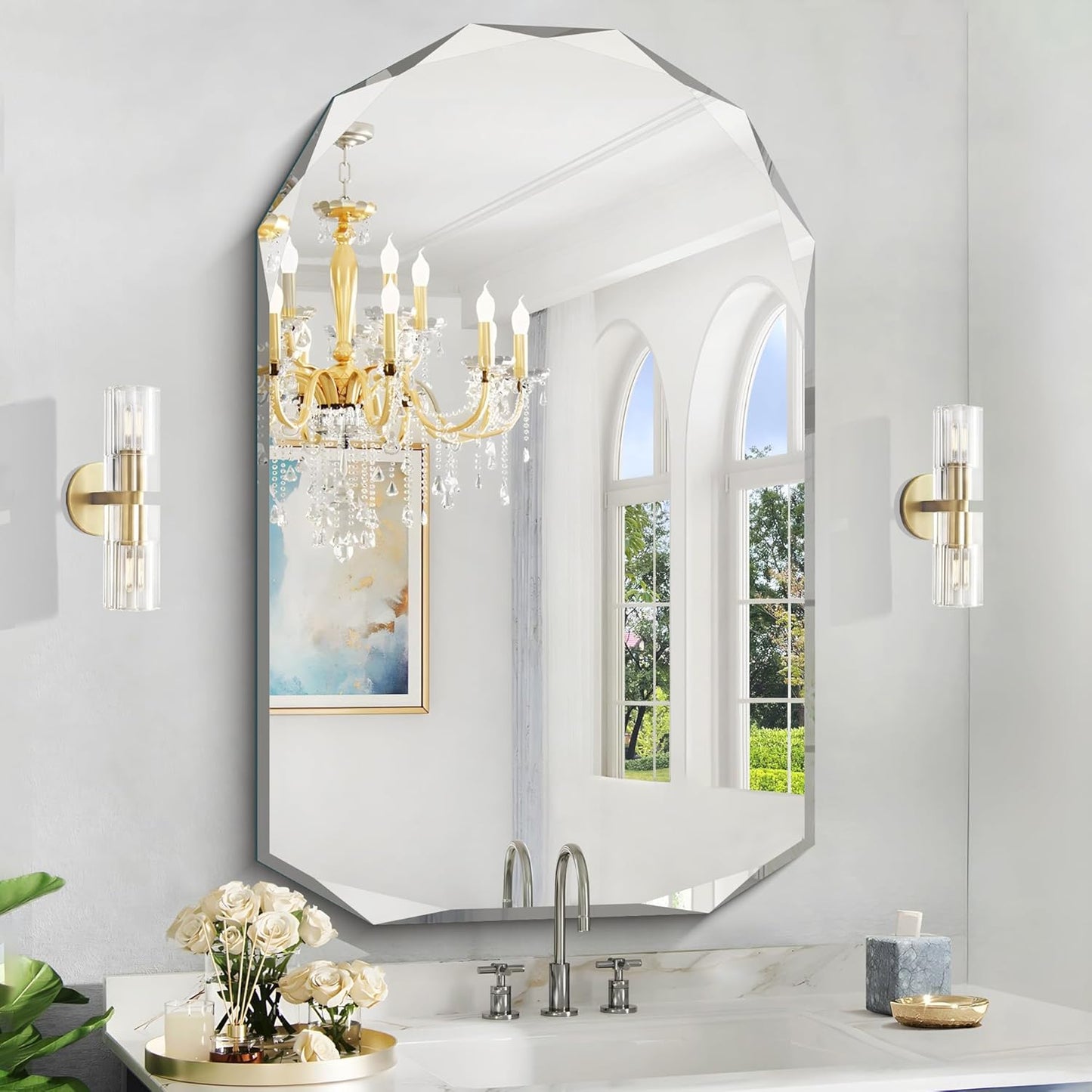 KOCUUY 30"x48" Frameless Mirror, Arched Shape with Diamond-Shaped Beveled Edge,Unframed Decorative with Upgraded Shatterproof Glass,Unique Frameless Mirror for Bathroom,Living Room,Bedroom