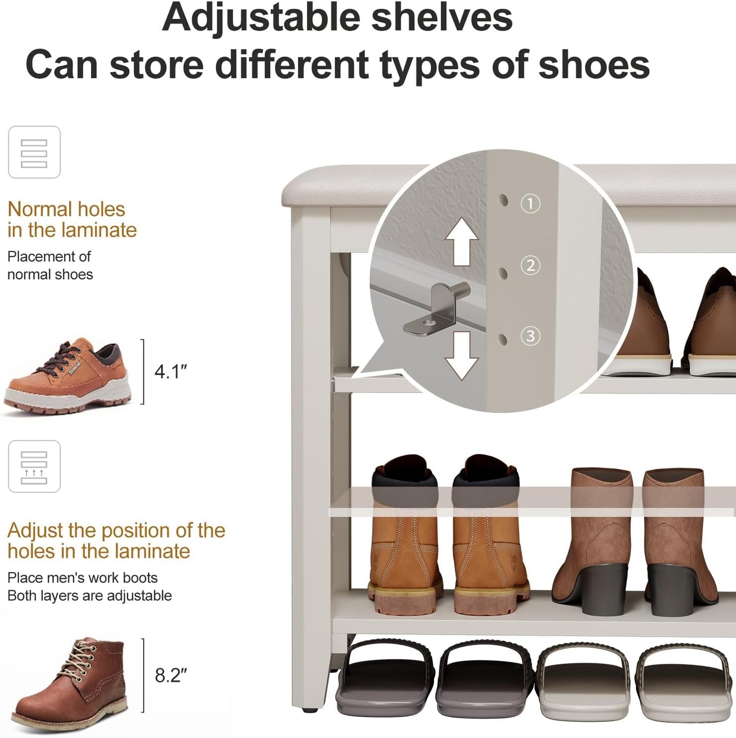 Shoe Bench with Leather Cushion, 3 Tiers Shoe Storage Bench Height Adjustable, Walnut Wood Entryway Bench for Hallway, Mudroom